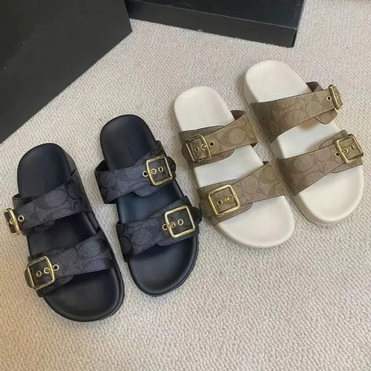 2024 New Women's Thick Bottom Sandals Plus Size Single Strap Double Buckle Lightweight Anti-Slip European And American Outerwear